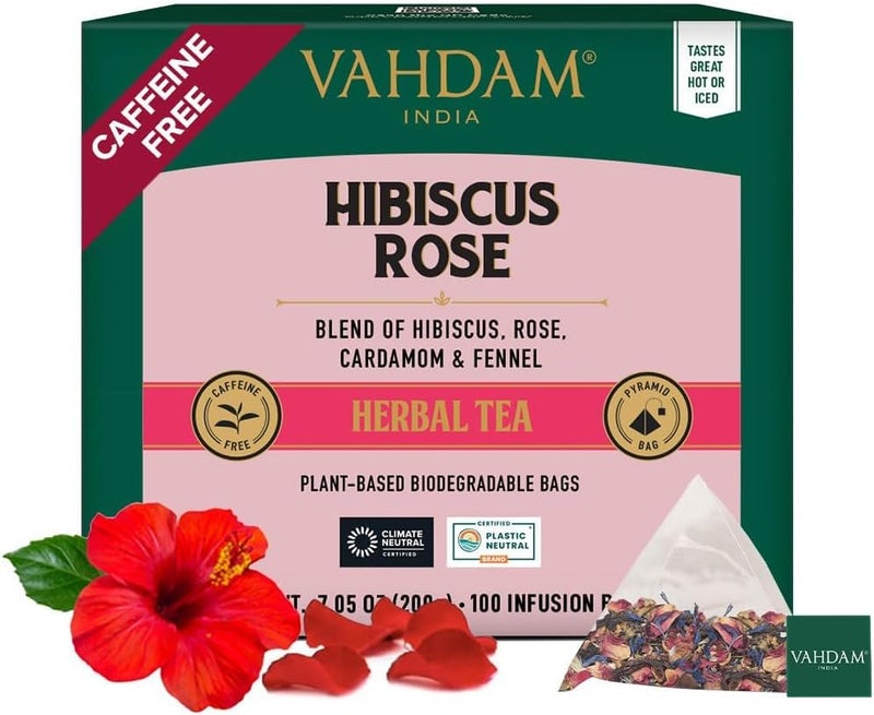 VAHDAM Hibiscus Rose Herbal Tea Bags - 100 Count with Cardamom, Fennel & Chamomile | Caffeine Free - Image 1